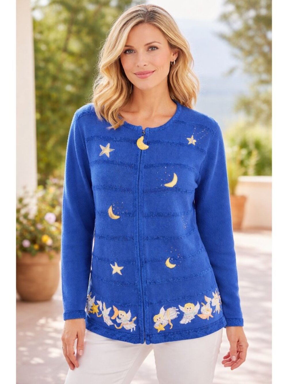 The Quacker Factory cobalt blue full-zip cardigan sweater embroidered celestial